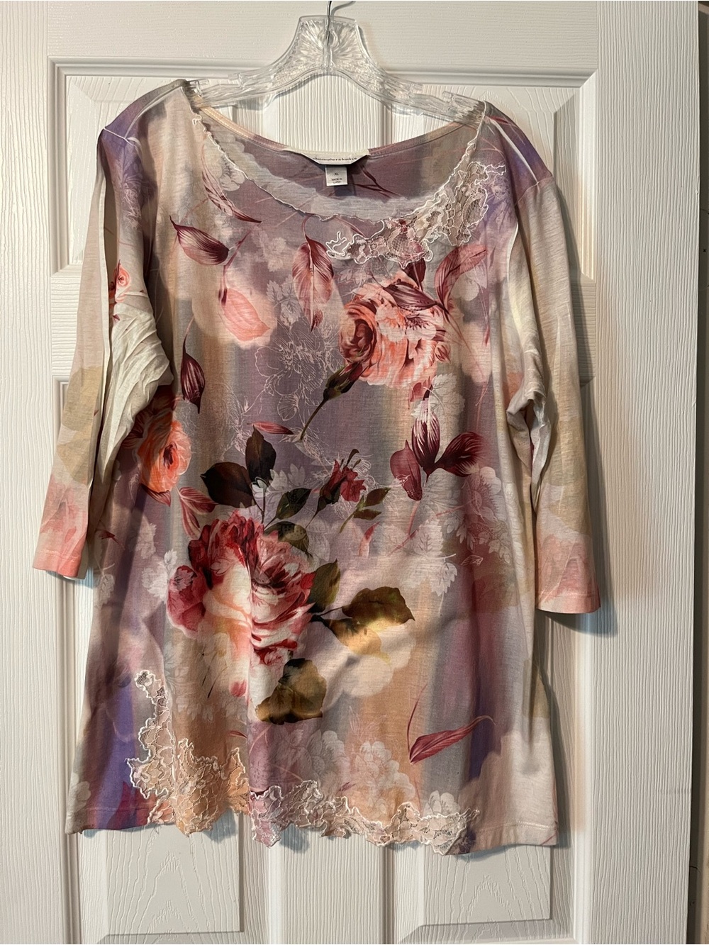 Christopher & Banks Floral Scoop Neck Lace-Trim Top in Pink and Purple